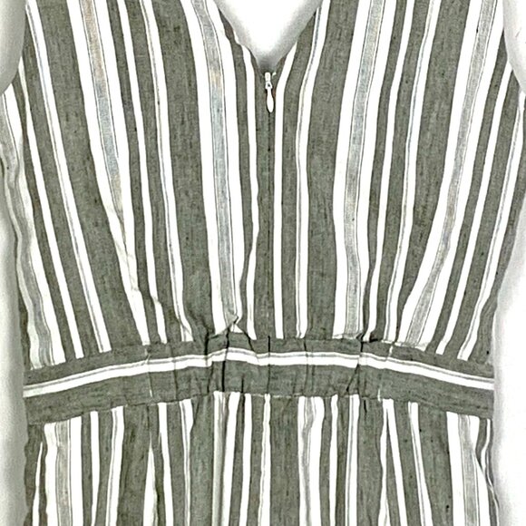 Gray White Striped Wide Leg Linen Blend Jumpsuit 2 V-Neck Nautical Coastal Prep - Picture 8 of 11